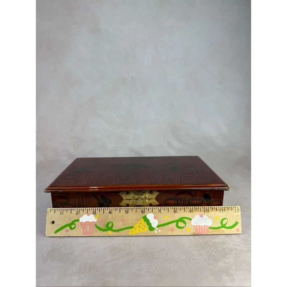 Vintage Chinese Lacquered Wood Vanity Jewelry Box w/ Mirror READ